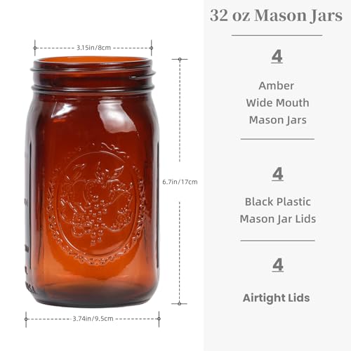 Yodecy 4 Pcs 32 oz Amber Wide Mouth Mason Jars With Airtight Lids and Black Plastic Lids, Canning Jars for Overnight Oats, Food Storage and More - color: amber