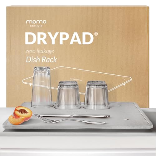 Momo Lifestyle DryPad® Large Stone Dish Drying Mat 19.7″ × 15.7″ Misty Gray — Ultra-Absorbent Diatomaceous-Earth Kitchen Counter & Dish-Rack Mat, Zero Rust, Premium Home Innovation