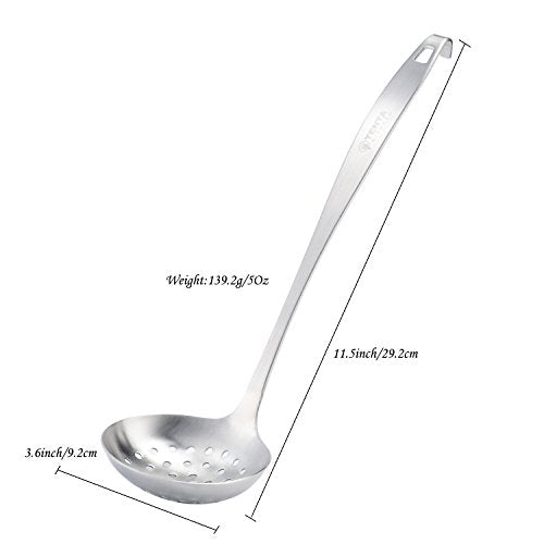 TENTA Kitchen Dia 9CM One Piece Stainless Steel Skimmer/Slotted Spoon/Strainer Ladle with Hook and Hole for Easy Hanging,11.5"x 3.6" - size: 3oz Slotted Ladle