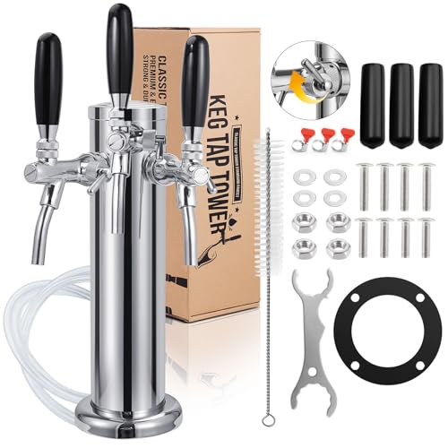 Triple Tap Kegerator Tower with Adjustable Flow Control Valve, Upgraded 3" Draft Beer Tower Kegerator Parts Stainless Core Self-Closing Beer Faucet for Kegerator Countertop - color: 3 tap (adjustable)