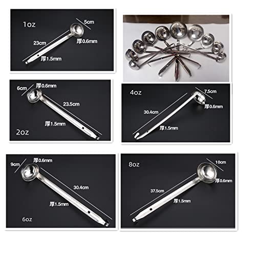 Stainless Steel Soup Ladle Set Long Handled Spoons with Pouring | Stainless Steel Material, 5 Pcs Hooked Handle Metal Ladles with Pouring Rim, 1oz 2oz 4oz 6oz 8oz Kitchen Cook