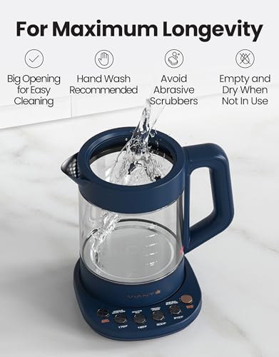 Viante Alba Electric Tea Kettle, Infuser, No Plastic, 1.5L, Midnight Blue | Borosilicate glass & 304 stainless steel construction. 4 temp presets, keep-warm, cordless, auto shut-off - style: Midnight Blue
