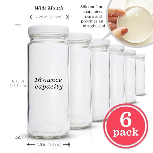 16oz Glass Juice Bottles with Lids - 6 Pack Wide Mouth Glass Water Bottles for Juices, Smoothies, Beverage Storage - Durable, Reusable, Dishwasher Safe, Glass Bottles for Juicing (White Caps) - color: 16oz White Caps