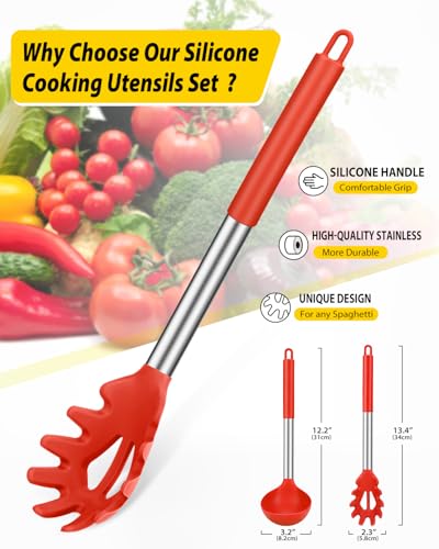 Silicone Pasta Fork and Ladle Spoon Set, Large Non Stick Kitchen Utensils for Cooking,Stirring,Serving Spaghetti, Soup, Sauce (RED) - color: Red