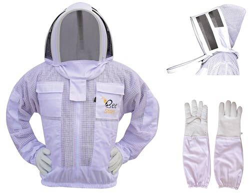 3 Layer Bee Jacket with Fencing Veil and One Pair Gloves Ventilated Sting Proof Beekeeping Jacket for Beekeepers - color: White, size: 3X-Large