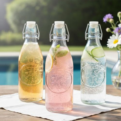 10 Strawberry Street Glass Water Bottles with Swing Top Lid, 34 oz Clear Embossed Bottle, Hermetic Airtight Seal, Made in Italy, Set of 6