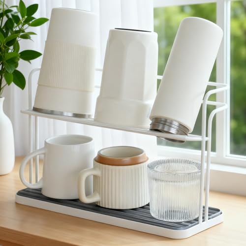 Bottle Drying Rack,Coffee Mug Holder with Drain Tray for Coffee Cup,Water Cup(White) - color: White
