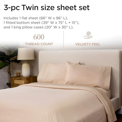Threadmill 100% Cotton Sheets for Twin Size Bed - 600 Thread Count Twin Bed Sheets Set with 15” Deep Pocket - Sateen Weave 3-Piece Bedding Set with Cooling Effect, Beige - color: Light Beige Solid, size: Twin