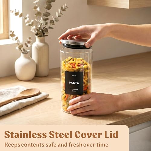 EDELHAUS Glass Storage Containers with Stainless Steel Lids [Extra Thick Glas] with 54 Labels - Canister For Pantry Noodles Flour Cereal Rice Sugar Tea Coffee Beans - Round Set of 5x - color: 5 Pack - Silver Lids
