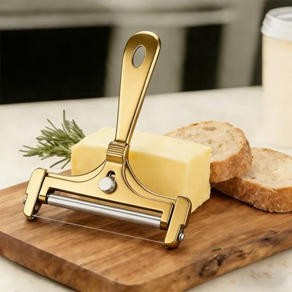 Cheese Slicer, AIDOIT Stainless Steel Wire Cheese Slicer, Adjustable Thickness Cheese Cutter with 8 Extra Wires for Soft, Semi-hard, Hard Cheeses, Gold - color: Gold