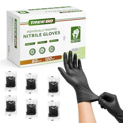 TREEGO Black Individually Wrapped Nitrile Gloves Bundle, Small, 110 Pairs Total, Disposable 5 Mil Latex Free Powder Free Gloves for BBQ, Food Prep, Outdoor Cooking, Catering, Cleaning & Everyday Use