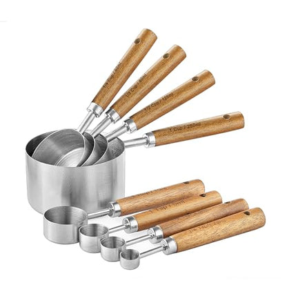 Measuring Cups and Spoons Set, Stainless Steel Metal measuring Cups with Wooden Handles, Great for Dry and Liquid Ingredients, Engraved Metric Markings, Nesting Design for Baking