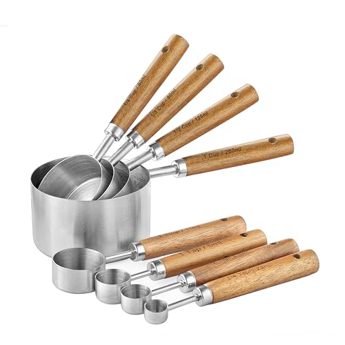 Measuring Cups and Spoons Set, Stainless Steel Metal measuring Cups with Wooden Handles, Great for Dry and Liquid Ingredients, Engraved Metric Markings, Nesting Design for Baking