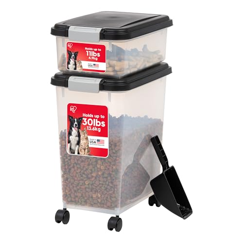 IRIS USA Dog Food Storage Container 30 lb + 11lb Airtight Combo, Stackable Pet Food Storage Bin with Wheels for Cat Dog Food, BPA Free, Made in USA, Black - color: Black