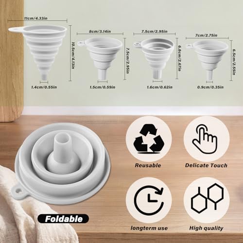 4 Pack Collapsible Silicone Funnels Kitchen Use Foldable Food Grade Liquid Transfer Tools Oil Water Spice Jar Bottle Filling, 12 g, 15 g, 20 g, 35 g - color: White, size: 4Pack