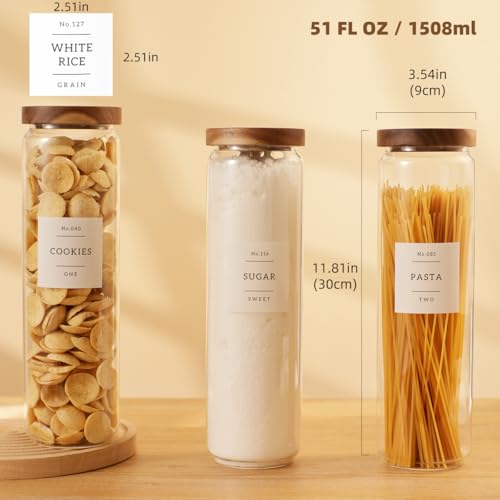 3 Pack Glass Canisters with Airtight Acacia Lids and 132 Kitchen Pantey Labels Preprint - 51 Fl Oz Borosilicate Glass Pantry Storage Jars Containers with Wooden Lids for Pasta,Spaghetti,Cereal,Noodles - size: 51oz-3 Pack