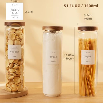 3 Pack Glass Canisters with Airtight Acacia Lids and 132 Kitchen Pantey Labels Preprint - 51 Fl Oz Borosilicate Glass Pantry Storage Jars Containers with Wooden Lids for Pasta,Spaghetti,Cereal,Noodles - size: 51oz-3 Pack