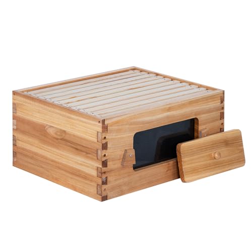 Honey Lake 10 Frame Beehive Deep Brood Box with Window, Langstroth Bee Hive Box Kit Dipped in Beeswax Include Wooden Frames & Waxed Foundations, Bee Boxes for Beekeeping Supplement (Unassembled) - size: 10-Frame