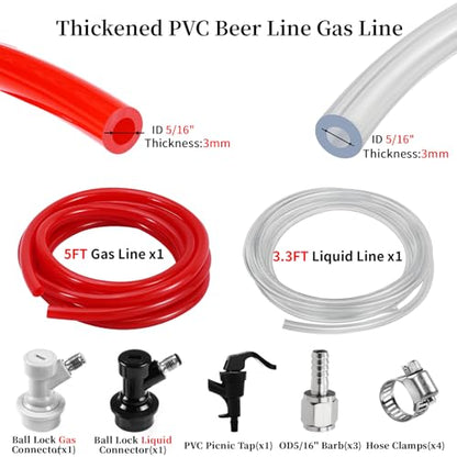 3FT 5/16 Beer Line Tubing & 5FT 5/16 CO2 Gas Line & 1Pair Ball Lock Keg Connectors & 1 Picnic Tap,Cuttable PVC Draft Beer Kegerator Line CO2 Regulator Gas Line Barb Fitting Hose Clamps Kegerator Parts