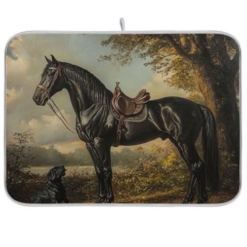 Dog Horse Tree Beige Dish Drying Mat for Kitchen Counter Super Absorbent Draining Mat with Non-slip Backed Drainer Mat for Dish Bottles Cups Bowl Countertops Sinks Draining Racks