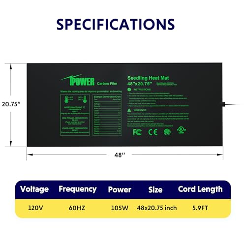 iPower 48” x 20.75” Seeding Heat Mat Upgraded Carbon Film Indoor Warm Hydroponic Plant Germination Starting Pad Durable Waterproof - size: 48" x 20.75", style: Upgraded Carbon Film