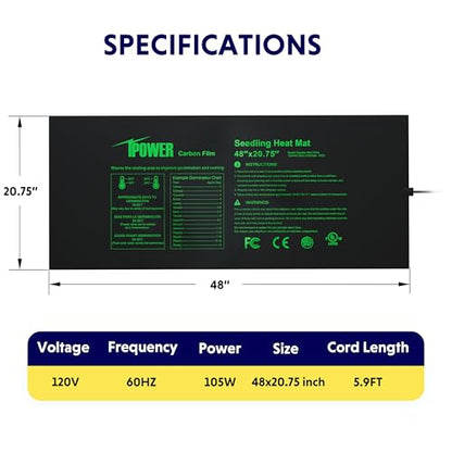 iPower 48” x 20.75” Seeding Heat Mat Upgraded Carbon Film Indoor Warm Hydroponic Plant Germination Starting Pad Durable Waterproof - size: 48" x 20.75", style: Upgraded Carbon Film