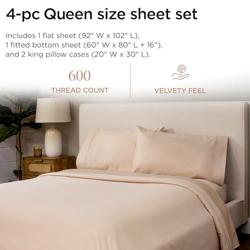 Threadmill 100% Cotton Sheets for Queen Size Bed - 600 Thread Count Queen Bed Sheets Set with 16” Deep Pocket - Sateen Weave 4-Piece Bedding Set with Cooling Effect, Beige - color: Light Beige Solid, size: Queen