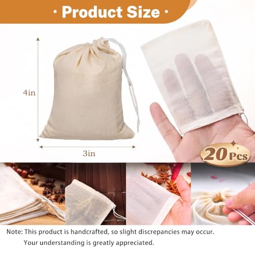 20 Pcs Spice Bags, Reusable Empty Tea Bags, Muslin Strainer Bags, Soup Bags for Cooking Natural Cotton Fine Mesh Cheesecloth Bags for Cold Brew Coffee(4 x3.2Inch) - size: 20PCS