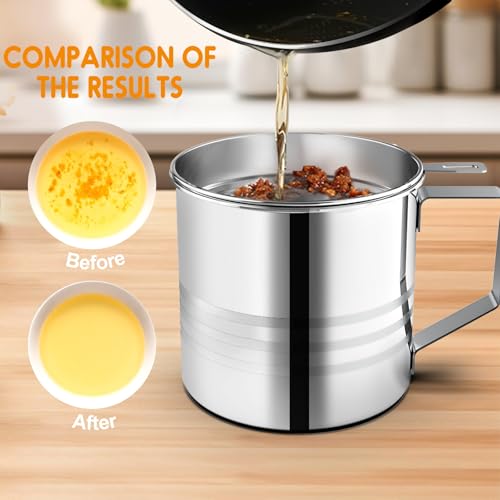 Chihee Grease Container 1.2L / 40 fl oz Stainless Steel Fine Mesh Strainer | Easy Clean Bacon Grease Saver Container Can with Dust-proof Lid Non-slip Tray for Kitchen Storing Frying Cooking Grease - color: Silver(1.2L)