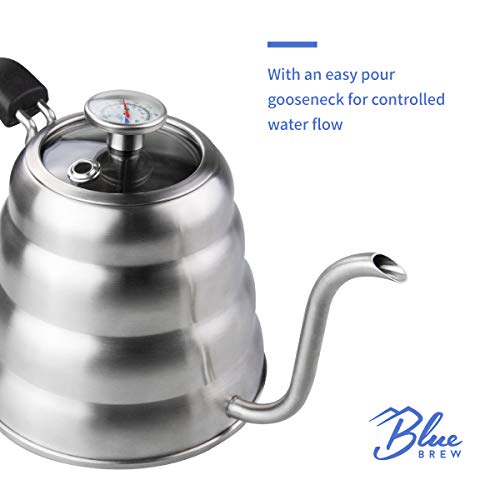 Blue Brew Gooseneck Kettle Stovetop, Tea Pot with Thermometer, 40oz Pour Over Coffee Maker for Coffee & Tea, Stainless Steel Coffee Kettle, Compatible with Electric Stove & Gas Stove (BB1201)