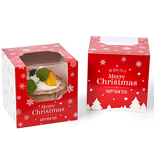 Happyhiram Christmas Cupcake Boxes 50 Pcs, Individual Cupcake Box Red and White with Christmas Trees insert and Window for Holiday Muffin Containers Single for Ornament Cocoa Bombs Packaging - color: Holiday Christmas Red, size: 50-Count