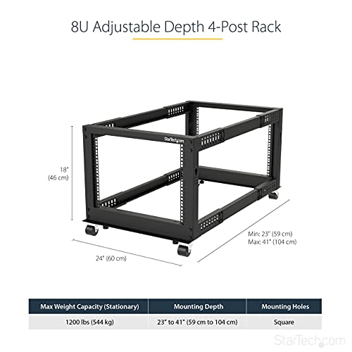 StarTech 8U 4-Post Server Rack, 19in Open Frame Rack with 40in (101cm) Mounting Depth and 1200lb (544kg) Weight Capacity, Mobile or Floor Mount IT Rack - size: 8U