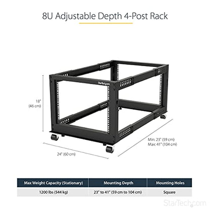 StarTech 8U 4-Post Server Rack, 19in Open Frame Rack with 40in (101cm) Mounting Depth and 1200lb (544kg) Weight Capacity, Mobile or Floor Mount IT Rack - size: 8U
