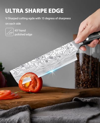 MOSFiATA 7” Nakiri Chef's Knife with Finger Guard, German High Carbon Stainless Steel EN1.4116 Vegetable Knife, Multipurpose Kitchen Knife with Micarta Handle in Gift Box - style: 7 inch Nakiri knife
