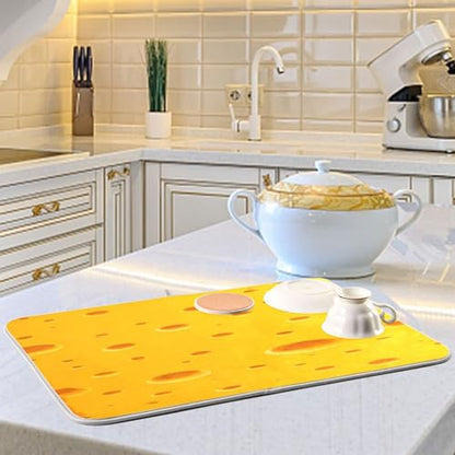 Dish Drying Mat for Kitchen Counter Cute Yellow Cheese Absorbent Drying Dish Mat 16×18 inch Dish Rack Pad Coffee Mat for Sink Dishes Under Rack - size: 16x18in