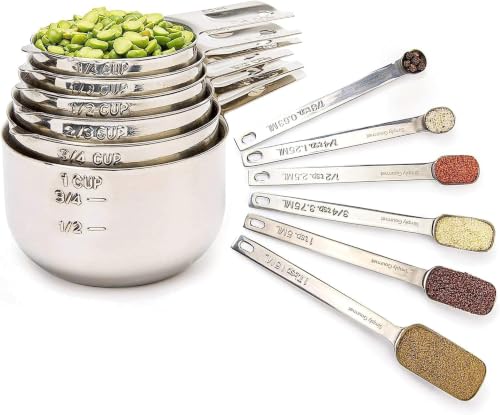 Simply Gourmet Measuring Cups & Spoons Set of 12, 18/08 Stainless Steel Kitchen Gadgets, Stackable Design with Long Handle Spoons, Fits in Spice Jars, Cooking & Baking Set for Dry & Liquid - size: 12 Piece Set