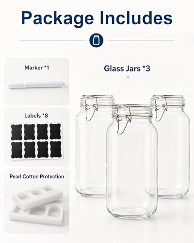 OneDream 78oz Glass Jars with Airtight Lid, 3 Pack Large Glass Storage Jars, Square Canisters for Pantry, Wide Mouth Glass Food Storage Containers for Flour, Sugar, Cereal, Pasta