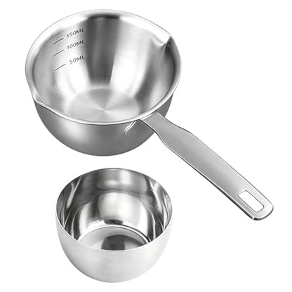 Mini 304 Stainless Steel Oil Ladle with Seasoning Bowl, Small Melting Sauce Pot, Butter Warmer with Pour Spout, Ergonomic Handle, Measuring Scale, for Cooking & Serving