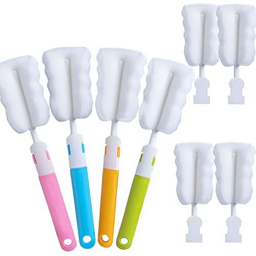 Bottle Brush Sponge Cup Brush Set with 4 Replacement Brush Head Portable Long Handle Water Bottle Cleaner Brush, for Baby Bottles Vacuum Flasks (4 Brushes + 4 Heads) - color: Brush 4pcs+4 Head