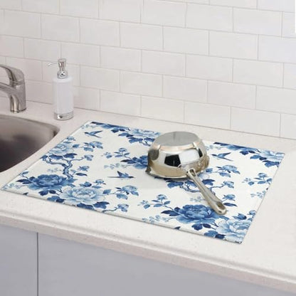 Chinoiserie Dish Drying Mat, for Kitchen Counter Microfiber Absorbent, Blue and White Dish Draining Mat Extra Large 18"x24" - color: Chinoiserie