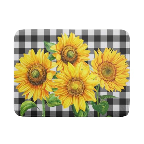 Sunflower Dish Drying Mat for Kitchen Counter Black White Buffalo Plaid Microfiber Absorbent Dish Draining Reusable Washable Foldable Extra Large 18"x24" - size: 24" x 18"