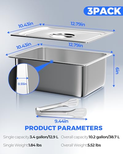 WantJoin Steam Table Hotel Pans with Lid 1/2 Half Size 6 Inch Deep 3 Pack, Stainless Steel Metal Tray Sets Food Storage Container, Commercial Restaurant Buffet Chafing Dishes Warmer Catering Supplies - color: 6" Deep 3 Pack, size: 1/2 Size
