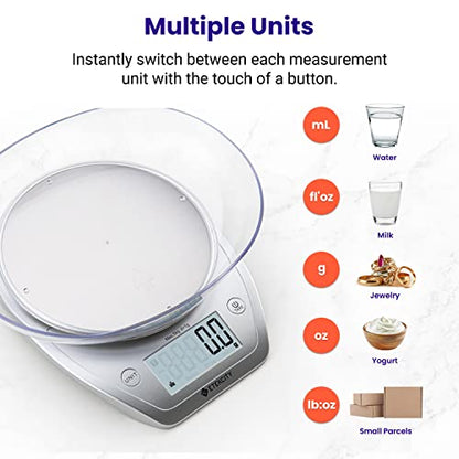 Etekcity 0.1g Food Kitchen Scale,Bowl,Digital Grams and Ounces for Weight Loss,Dieting,Baking,Cooking,and Meal Prep,11lb/5kg,Stainless Steel Silver,(Pack of 12) - color: Arctic Sliver, size: 11lb (Pack of 12)