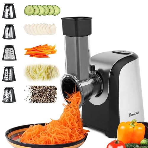Electric Cheese Grater and Slicer Shredder for Kitchen, 150W 5 Cones | Salad Maker Grates slices shreds cheese vegetables fruits nuts,for salad pizza soup,5 stainless steel cones,one-touch control