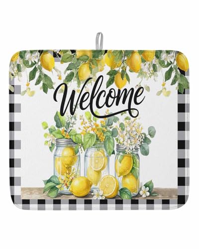 Dish Drying Mat for Kitchen Counter Lemon Mason Jars Drying Pad Absorbent Drying Mats for Countertops Sinks Draining Racks Summer Fruit Black Plaid Welcome Drainer Kitchen Decor 16x18 Inch - color: White