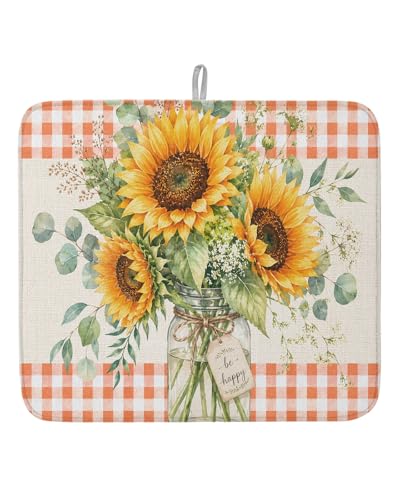 Dish Drying Mat for Kitchen Counter Sunflower Drying Pad Absorbent Drying Mats for Countertops Sinks Draining Racks Glass Mason Jar Red Plaid Linen Drainer Kitchen Decor 16x18 Inch - color: Beige