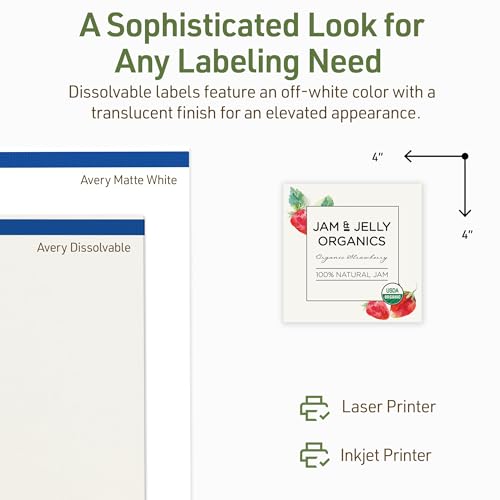 Avery Dissolvable Square Labels, Sure Feed Technology, 4" x 4", Matte White, Laser/Inkjet Printable, 20 Labels Total, Freezer-Safe, Microwave-Safe, Refrigerator-Safe - style: 20 labels