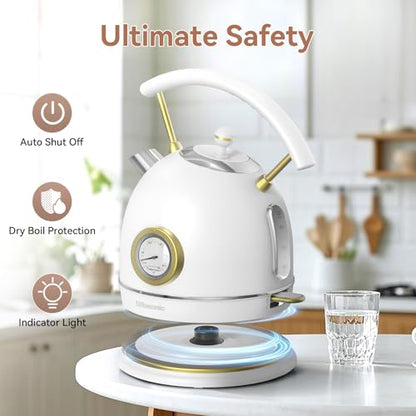 Rasonic Retro Electric Kettle Stainless Steel, 1.8L Tea Water Boiler, 1500W Fast Quiet Boil, Temperature Gauge, Auto Shut-Off, Boil-Dry Protection, White Champagne Gold - color: White