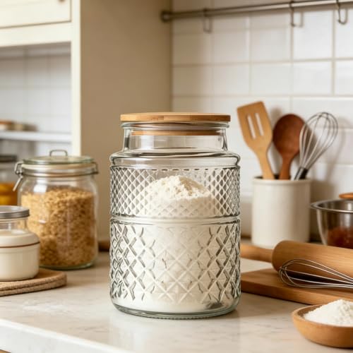 Large Glass Storage Jar, 60 FL OZ Glass Food Storage Containers with Bamboo Lid, Kitchen Laundry Room Organization Jar for Cookies Coffee Flour Sugar Laundry Pods Detergent Airtight Glass Jars