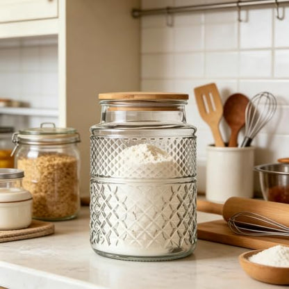 Large Glass Storage Jar, 60 FL OZ Glass Food Storage Containers with Bamboo Lid, Kitchen Laundry Room Organization Jar for Cookies Coffee Flour Sugar Laundry Pods Detergent Airtight Glass Jars